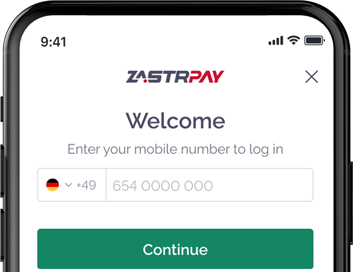 Smartphone screen showing Zastrpay login with phone number